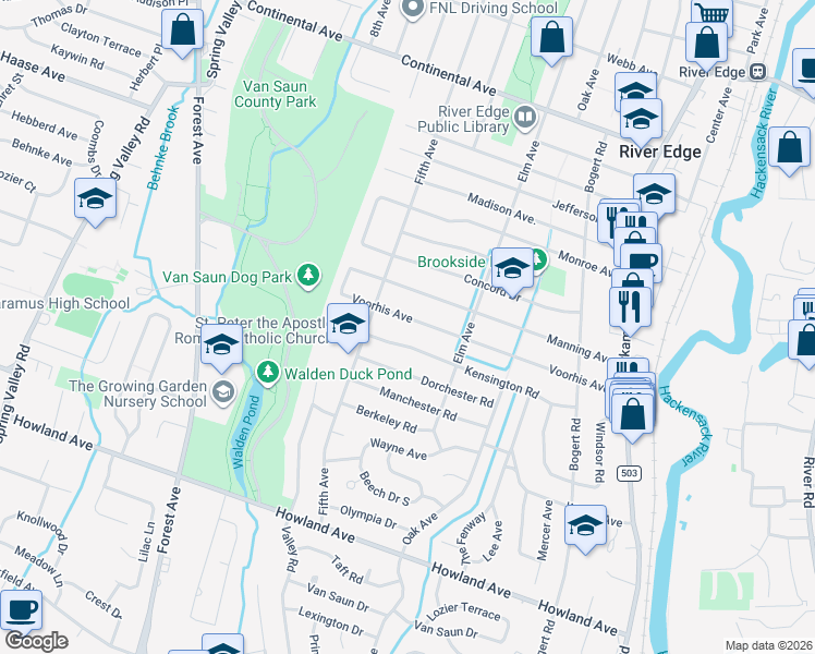 map of restaurants, bars, coffee shops, grocery stores, and more near 251 Voorhis Avenue in River Edge