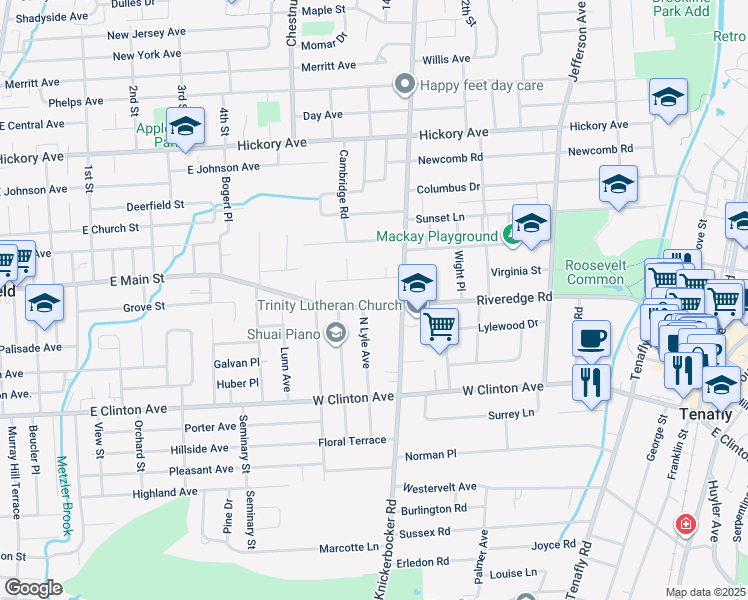 map of restaurants, bars, coffee shops, grocery stores, and more near 235 Riveredge Road in Tenafly
