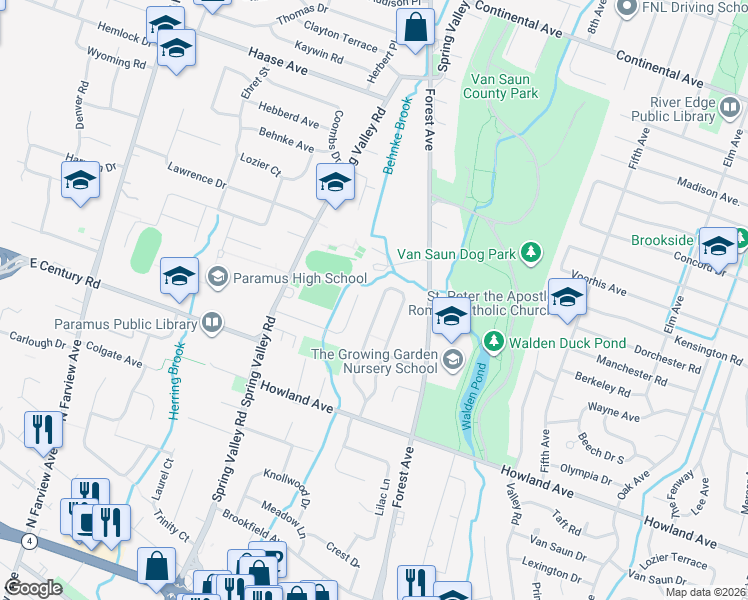 map of restaurants, bars, coffee shops, grocery stores, and more near 159 Village Circle West in Paramus