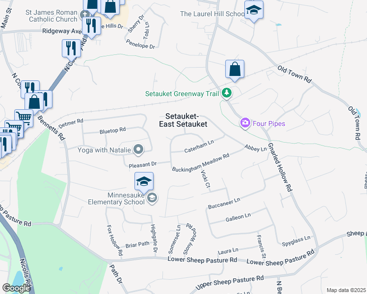 map of restaurants, bars, coffee shops, grocery stores, and more near 15 Caterham Lane in Setauket- East Setauket