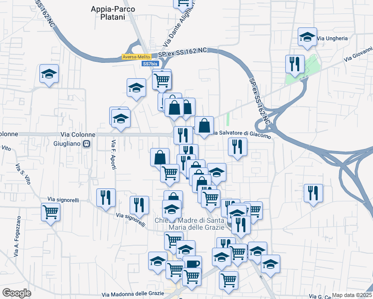 map of restaurants, bars, coffee shops, grocery stores, and more near 543 Via Roma in Melito di Napoli