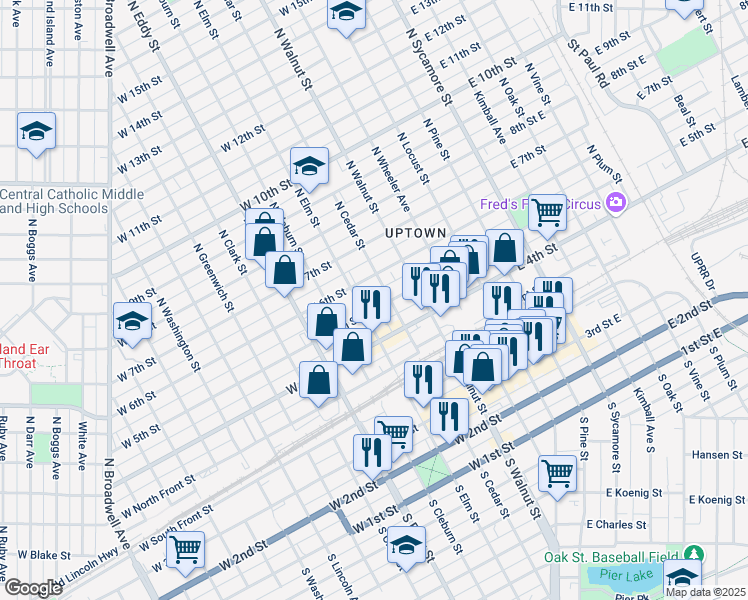 map of restaurants, bars, coffee shops, grocery stores, and more near 520 West 5th Street in Grand Island