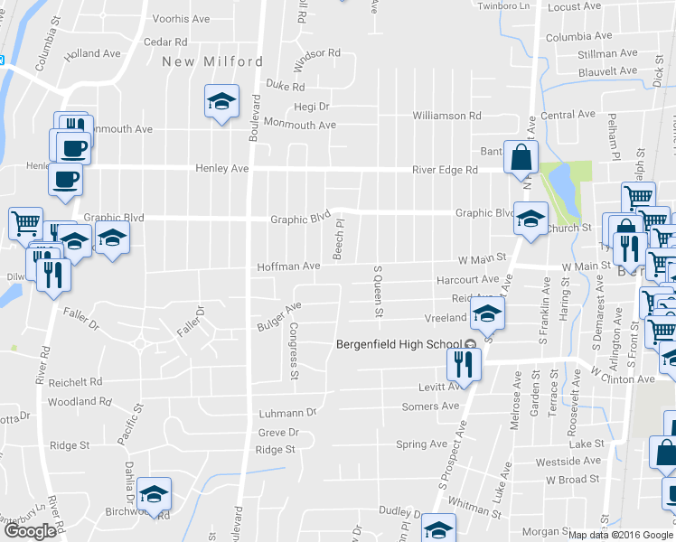 map of restaurants, bars, coffee shops, grocery stores, and more near 493 Hoffman Avenue in New Milford