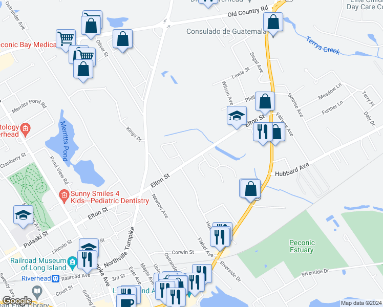 map of restaurants, bars, coffee shops, grocery stores, and more near 560 Elton Street in Riverhead