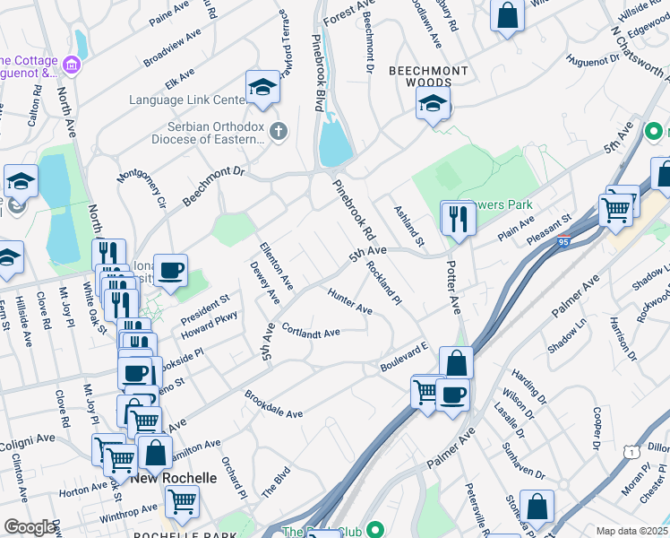 map of restaurants, bars, coffee shops, grocery stores, and more near 292 5th Avenue in New Rochelle