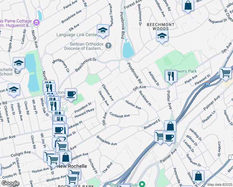 map of restaurants, bars, coffee shops, grocery stores, and more near 23 Ellenton Avenue in New Rochelle