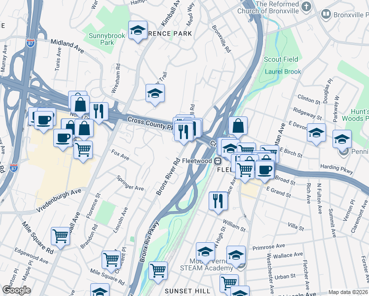map of restaurants, bars, coffee shops, grocery stores, and more near 829 Bronx River Road in Yonkers