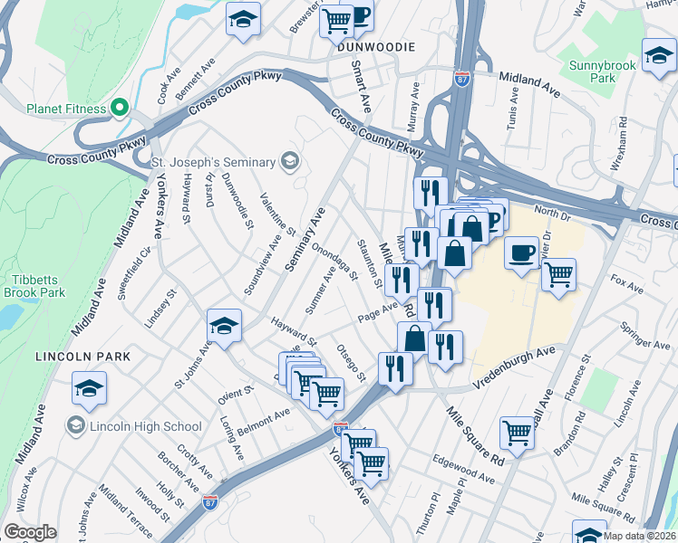 map of restaurants, bars, coffee shops, grocery stores, and more near 100 Onondaga Street in Yonkers