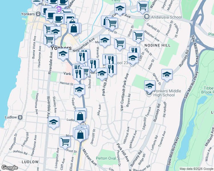 map of restaurants, bars, coffee shops, grocery stores, and more near 232 Willow Street in Yonkers