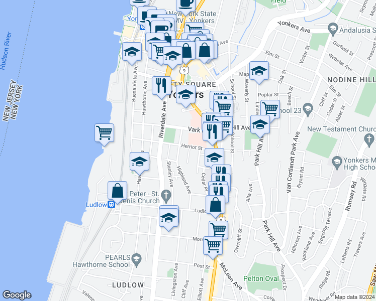 map of restaurants, bars, coffee shops, grocery stores, and more near 64 Jackson Street in Yonkers