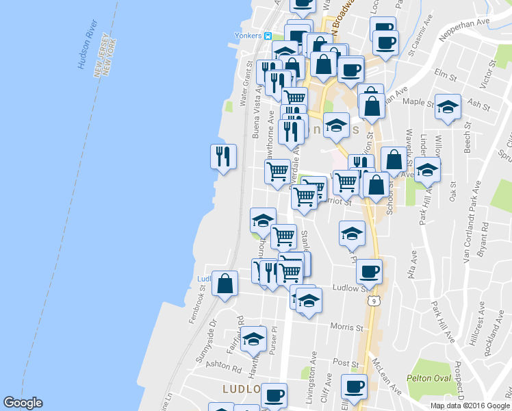 map of restaurants, bars, coffee shops, grocery stores, and more near 221 Buena Vista Avenue in Yonkers