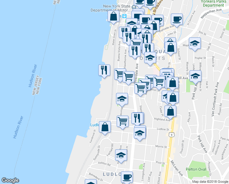 map of restaurants, bars, coffee shops, grocery stores, and more near 221 Buena Vista Avenue in Yonkers