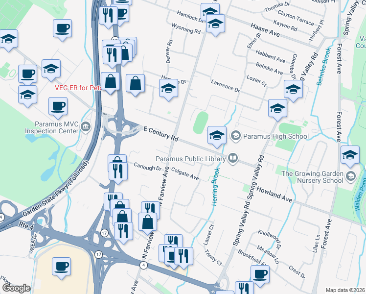map of restaurants, bars, coffee shops, grocery stores, and more near 116 North Farview Avenue in Paramus