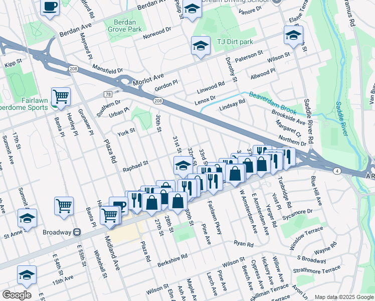map of restaurants, bars, coffee shops, grocery stores, and more near 31-06 Raphael Street in Fair Lawn