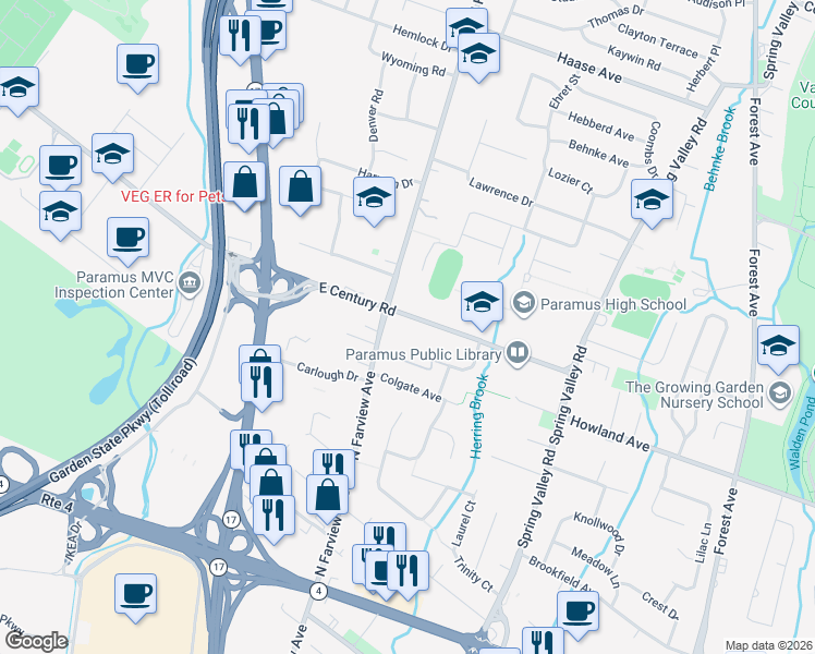map of restaurants, bars, coffee shops, grocery stores, and more near 116 North Farview Avenue in Paramus