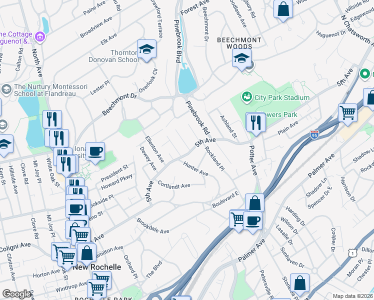 map of restaurants, bars, coffee shops, grocery stores, and more near 292 5th Avenue in New Rochelle
