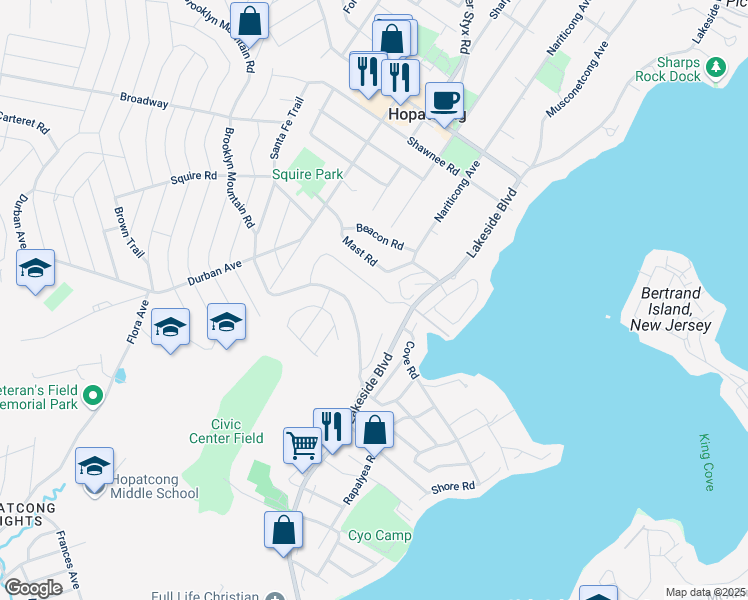 map of restaurants, bars, coffee shops, grocery stores, and more near 12 Holiday Drive in Hopatcong