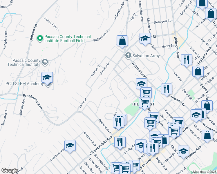 map of restaurants, bars, coffee shops, grocery stores, and more near 9 Christina Place in Paterson