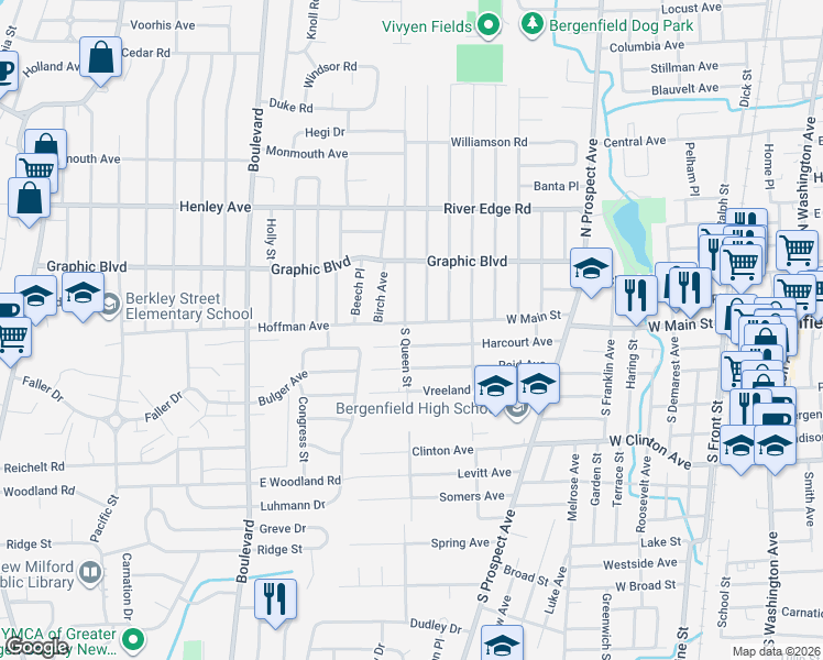 map of restaurants, bars, coffee shops, grocery stores, and more near 386 West Main Street in Bergenfield
