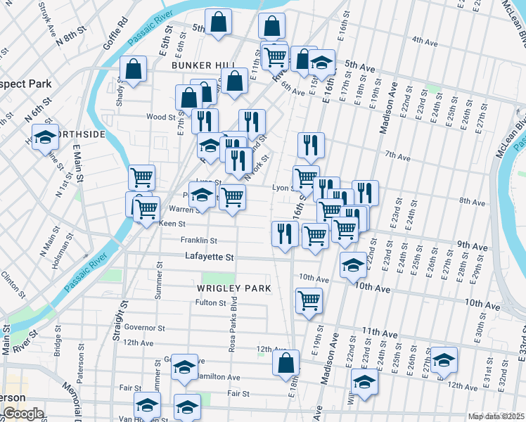 map of restaurants, bars, coffee shops, grocery stores, and more near 163 Warren Street in Paterson