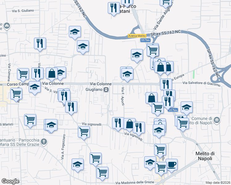 map of restaurants, bars, coffee shops, grocery stores, and more near 54 Via A. Gabelli in Giugliano in Campania