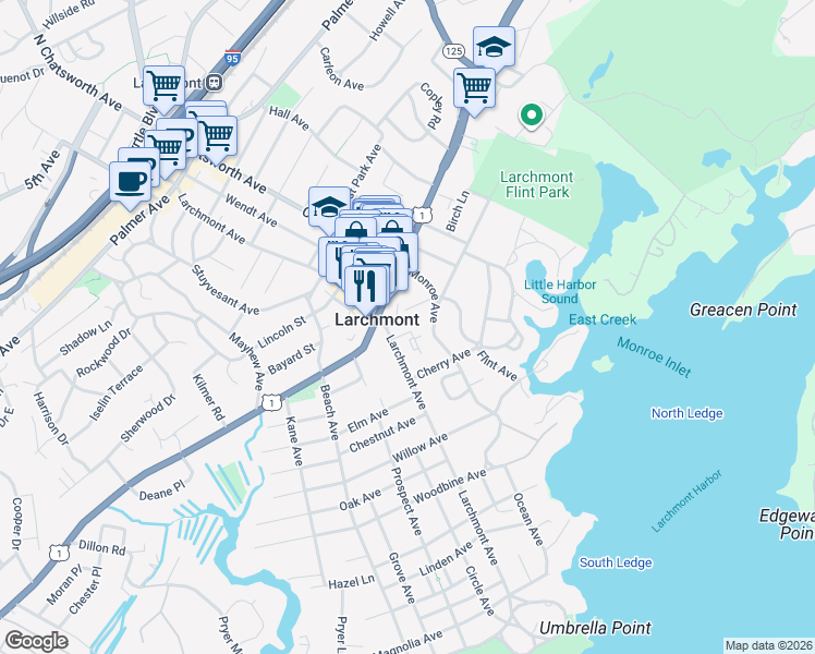 map of restaurants, bars, coffee shops, grocery stores, and more near 119 Larchmont Avenue in Larchmont