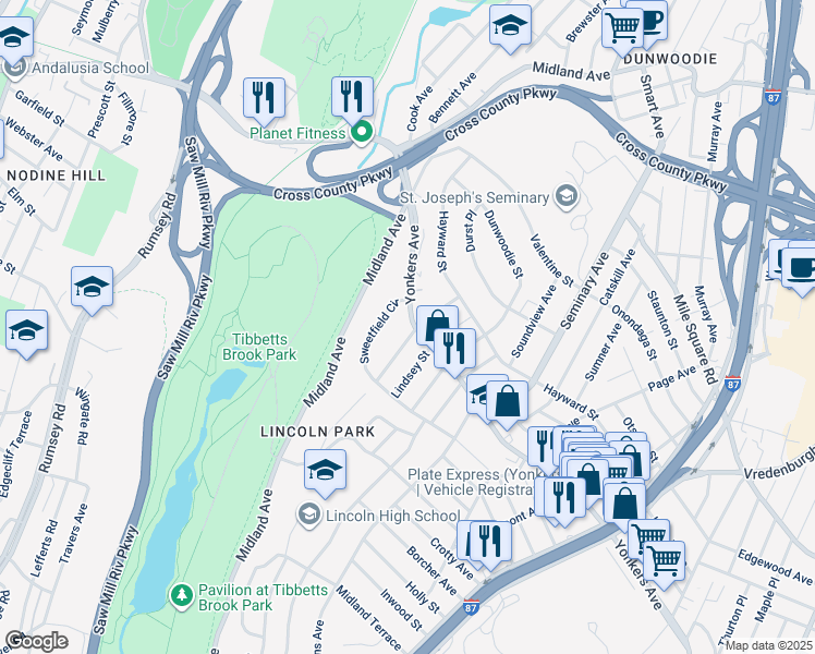 map of restaurants, bars, coffee shops, grocery stores, and more near 590 Yonkers Avenue in Yonkers