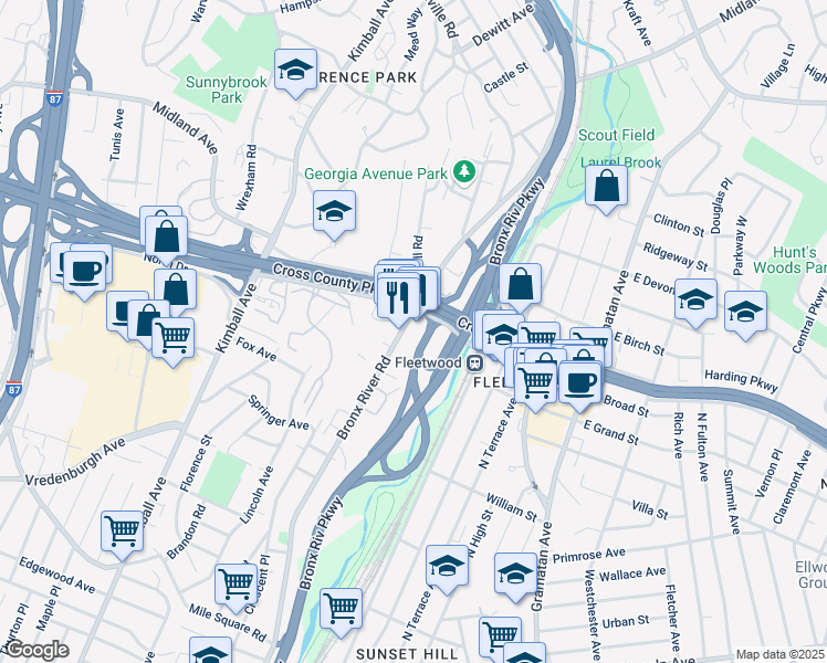 map of restaurants, bars, coffee shops, grocery stores, and more near 850 Bronx River Road in Bronxville