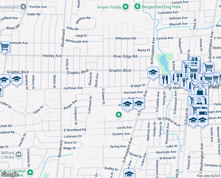 map of restaurants, bars, coffee shops, grocery stores, and more near 350 West Main Street in Bergenfield