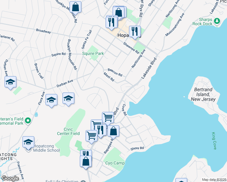 map of restaurants, bars, coffee shops, grocery stores, and more near 12 Holiday Drive in Hopatcong