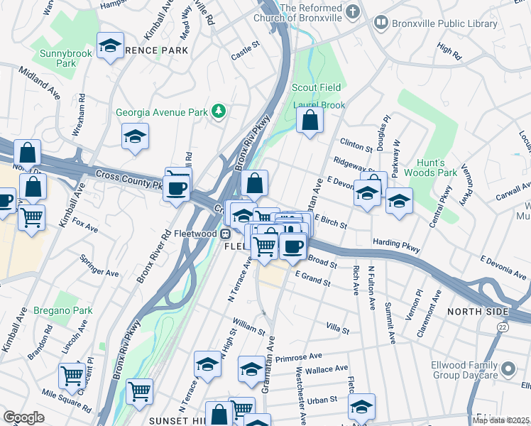 map of restaurants, bars, coffee shops, grocery stores, and more near 280 Collins Avenue in Mount Vernon