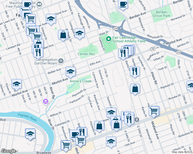map of restaurants, bars, coffee shops, grocery stores, and more near 5-06 Lyncrest Avenue in Fair Lawn