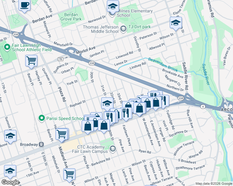 map of restaurants, bars, coffee shops, grocery stores, and more near 229 33rd Street in Fair Lawn