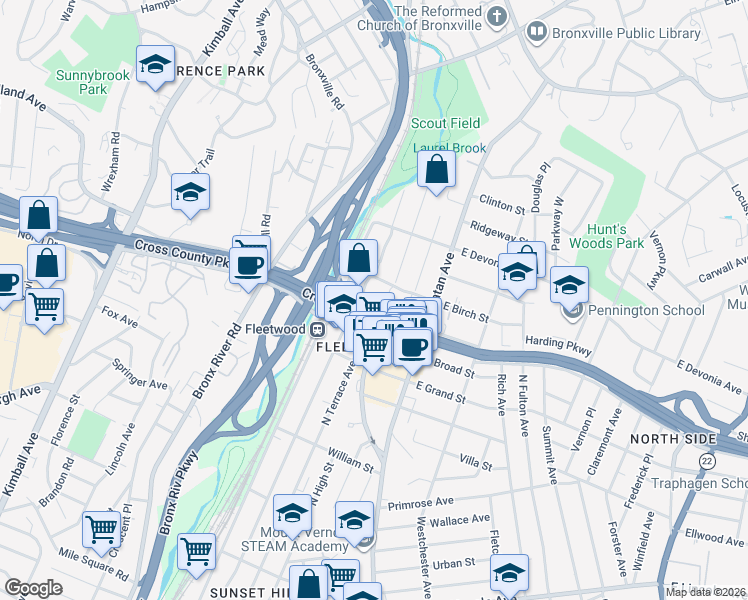 map of restaurants, bars, coffee shops, grocery stores, and more near 280 Collins Avenue in Mount Vernon