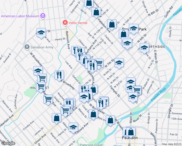 map of restaurants, bars, coffee shops, grocery stores, and more near 106 Belmont Avenue in Paterson