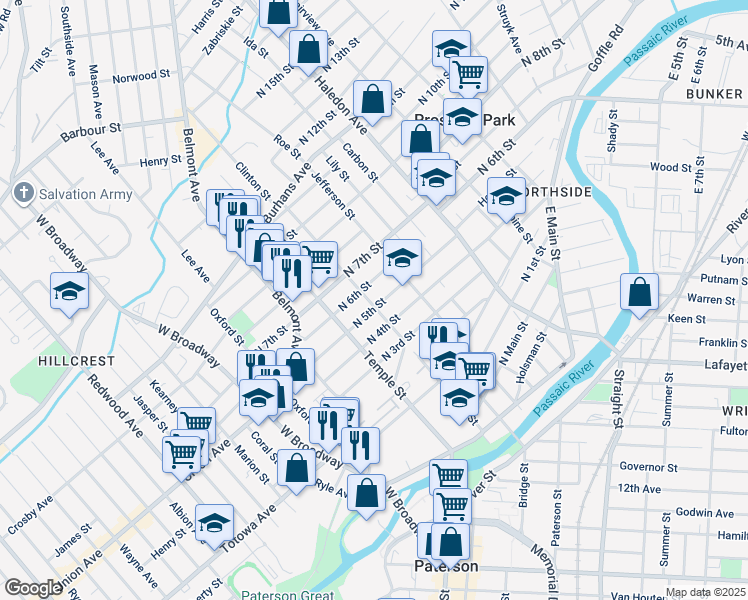 map of restaurants, bars, coffee shops, grocery stores, and more near 85 North 5th Street in Paterson