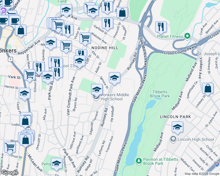 map of restaurants, bars, coffee shops, grocery stores, and more near in Yonkers