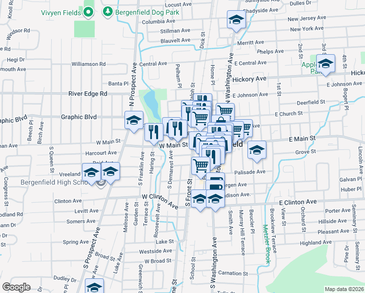 map of restaurants, bars, coffee shops, grocery stores, and more near 72 West Main Street in Bergenfield