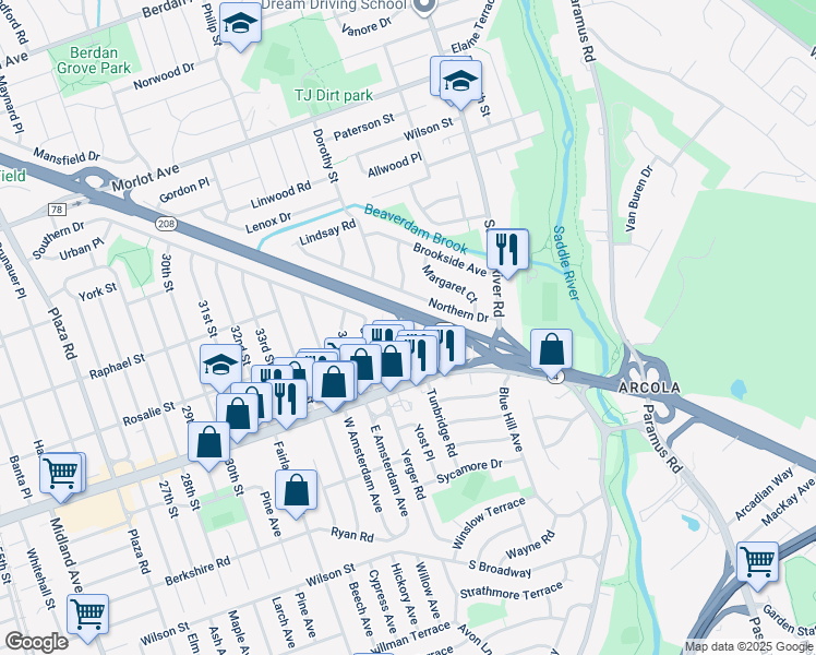 map of restaurants, bars, coffee shops, grocery stores, and more near 3809 Dobrin Court in Fair Lawn