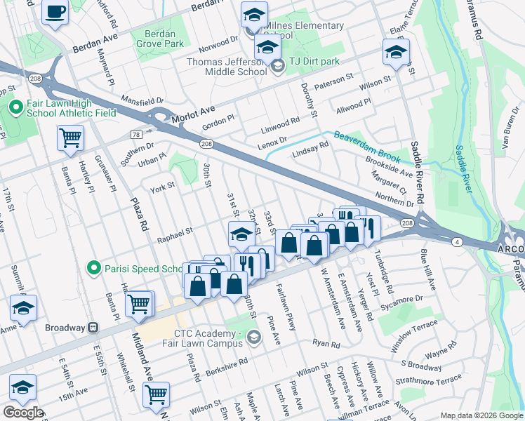 map of restaurants, bars, coffee shops, grocery stores, and more near 229 33rd Street in Fair Lawn