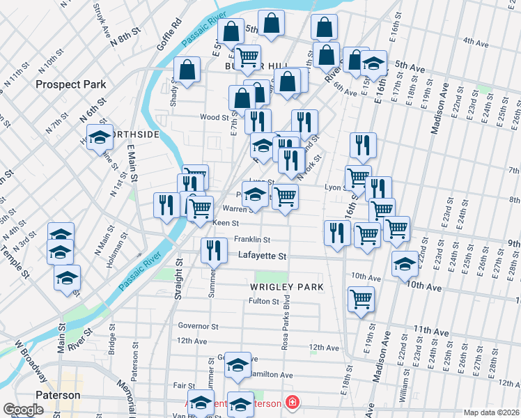 map of restaurants, bars, coffee shops, grocery stores, and more near 98 Warren Street in Paterson