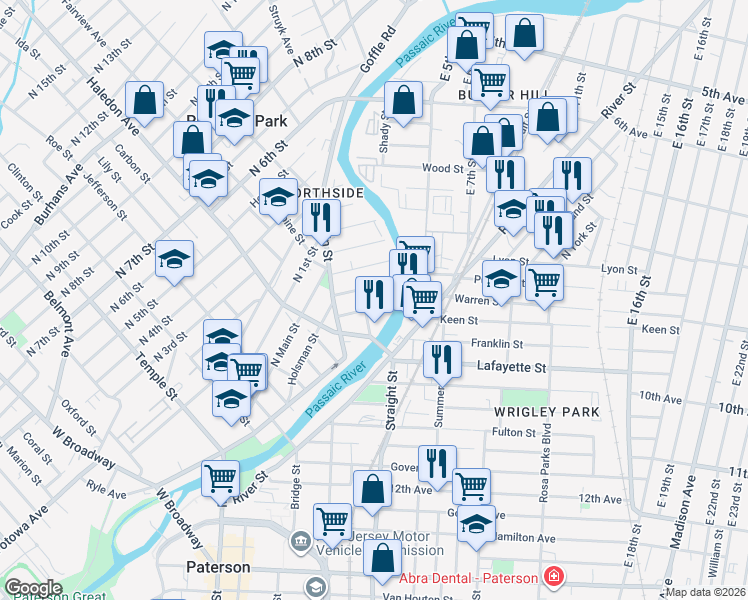 map of restaurants, bars, coffee shops, grocery stores, and more near 9 Watson Street in Paterson