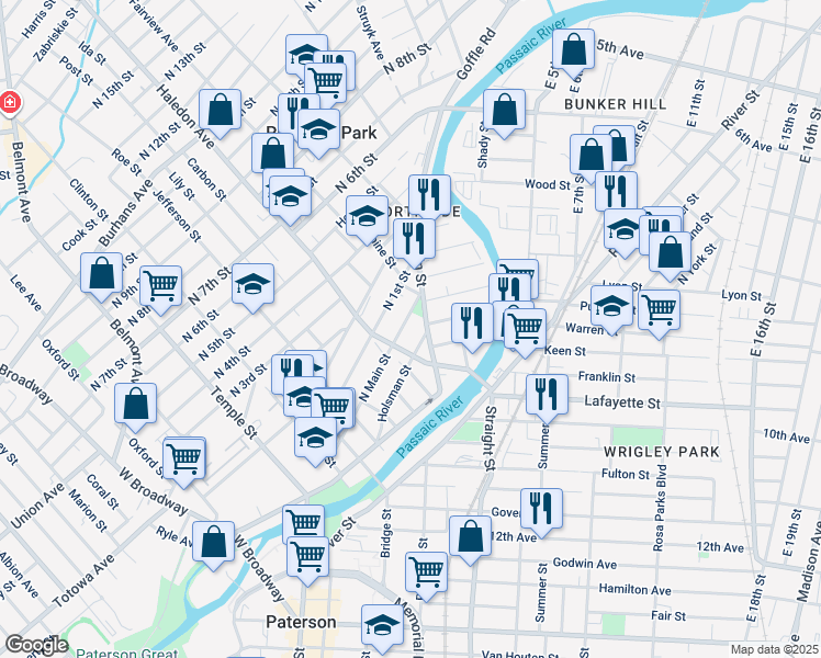 map of restaurants, bars, coffee shops, grocery stores, and more near 150 North Main Street in Paterson