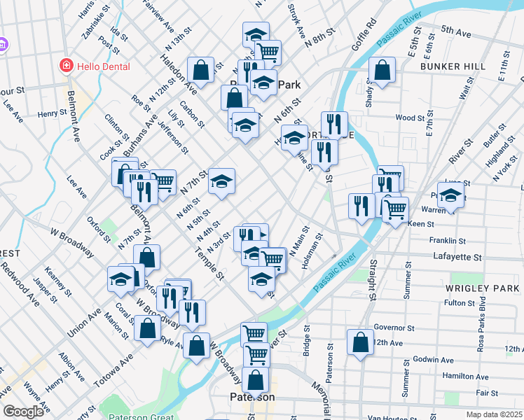 map of restaurants, bars, coffee shops, grocery stores, and more near 67 Garfield Avenue in Paterson
