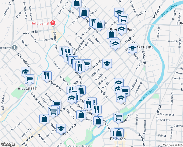 map of restaurants, bars, coffee shops, grocery stores, and more near 49 North 6th Street in Paterson