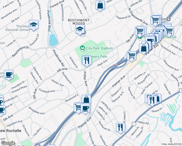 map of restaurants, bars, coffee shops, grocery stores, and more near 76 Portman Road in New Rochelle