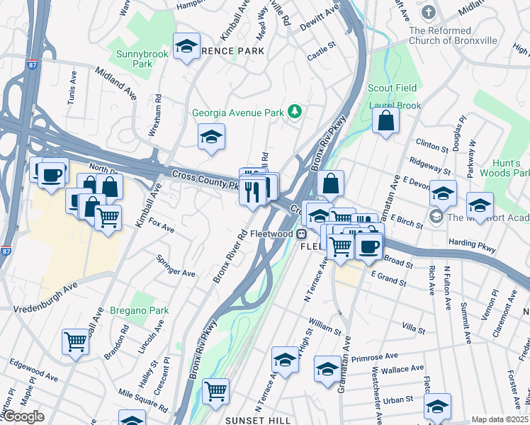 map of restaurants, bars, coffee shops, grocery stores, and more near 850 Bronx River Road in Bronxville