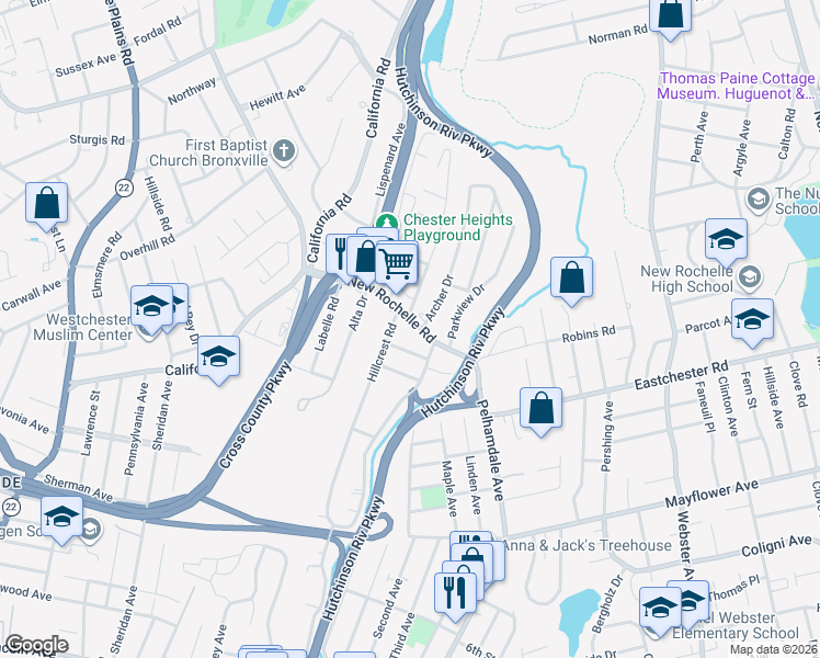 map of restaurants, bars, coffee shops, grocery stores, and more near 510 New Rochelle Road in Bronxville