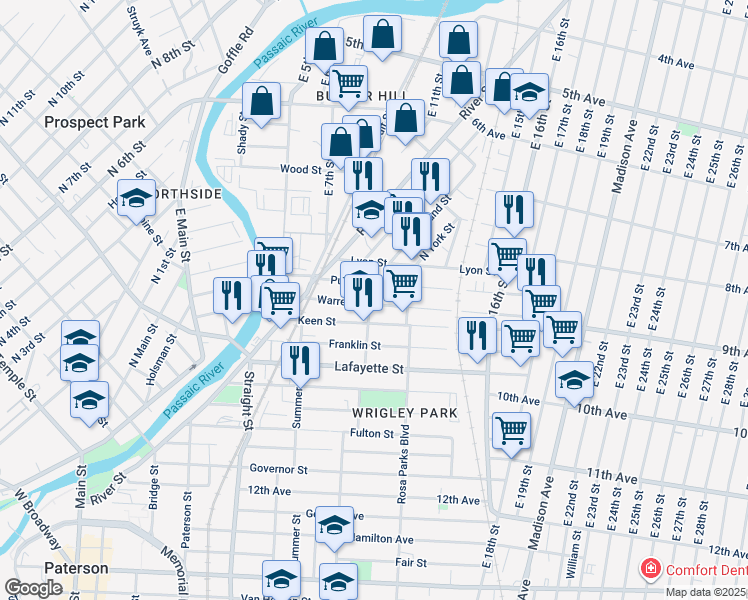 map of restaurants, bars, coffee shops, grocery stores, and more near 35 Mercer Street in Paterson