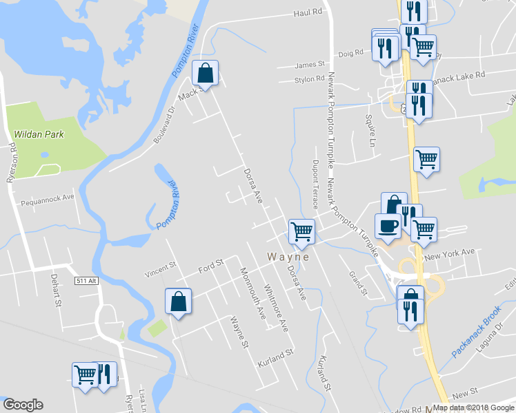 map of restaurants, bars, coffee shops, grocery stores, and more near 159 Dorsa Avenue in Wayne